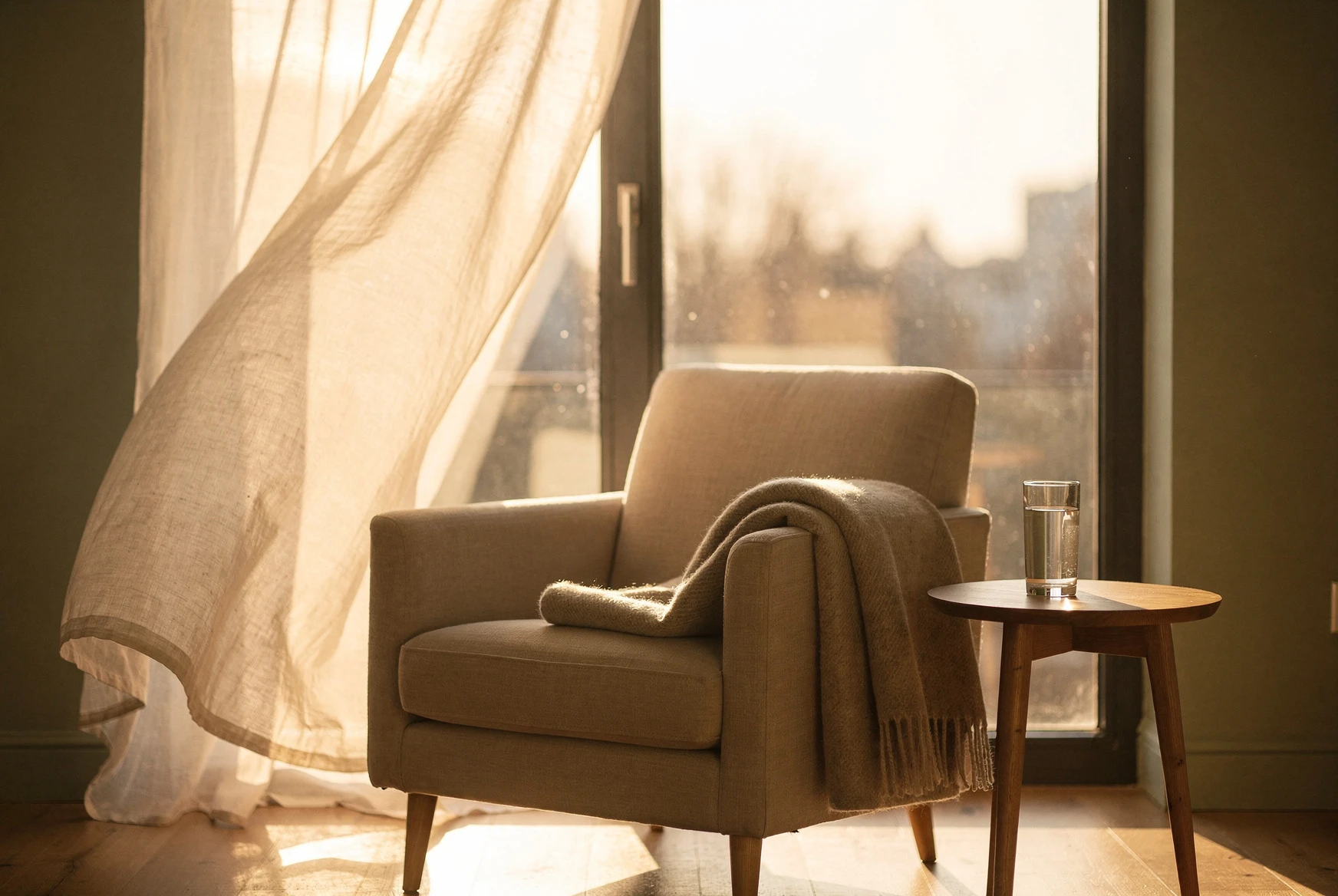 Douleur chronique : ce que l'hypnose change vraiment, et ce qu'elle ne fait pas 1 Fauteuil et plaid près d'une fenêtre baignée de lumière douce, ambiance apaisée