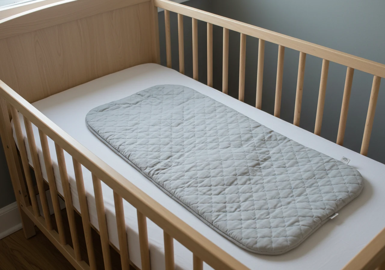 Sac de couchage enfant en coton posé sur un lit à barreaux dans une chambre calme