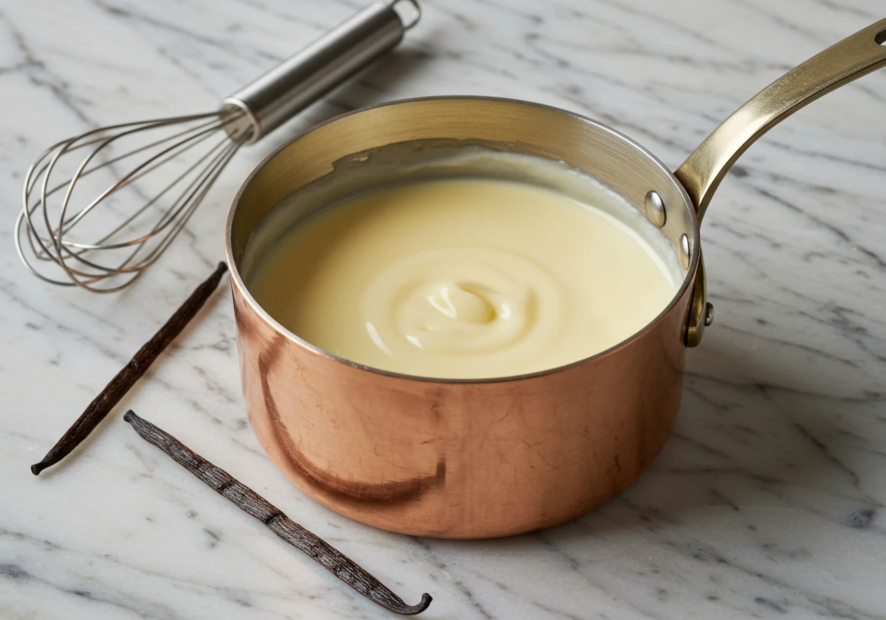 Crème pâtissière onctueuse dans une casserole en cuivre, gousse de vanille et fouet posés sur un plan de travail