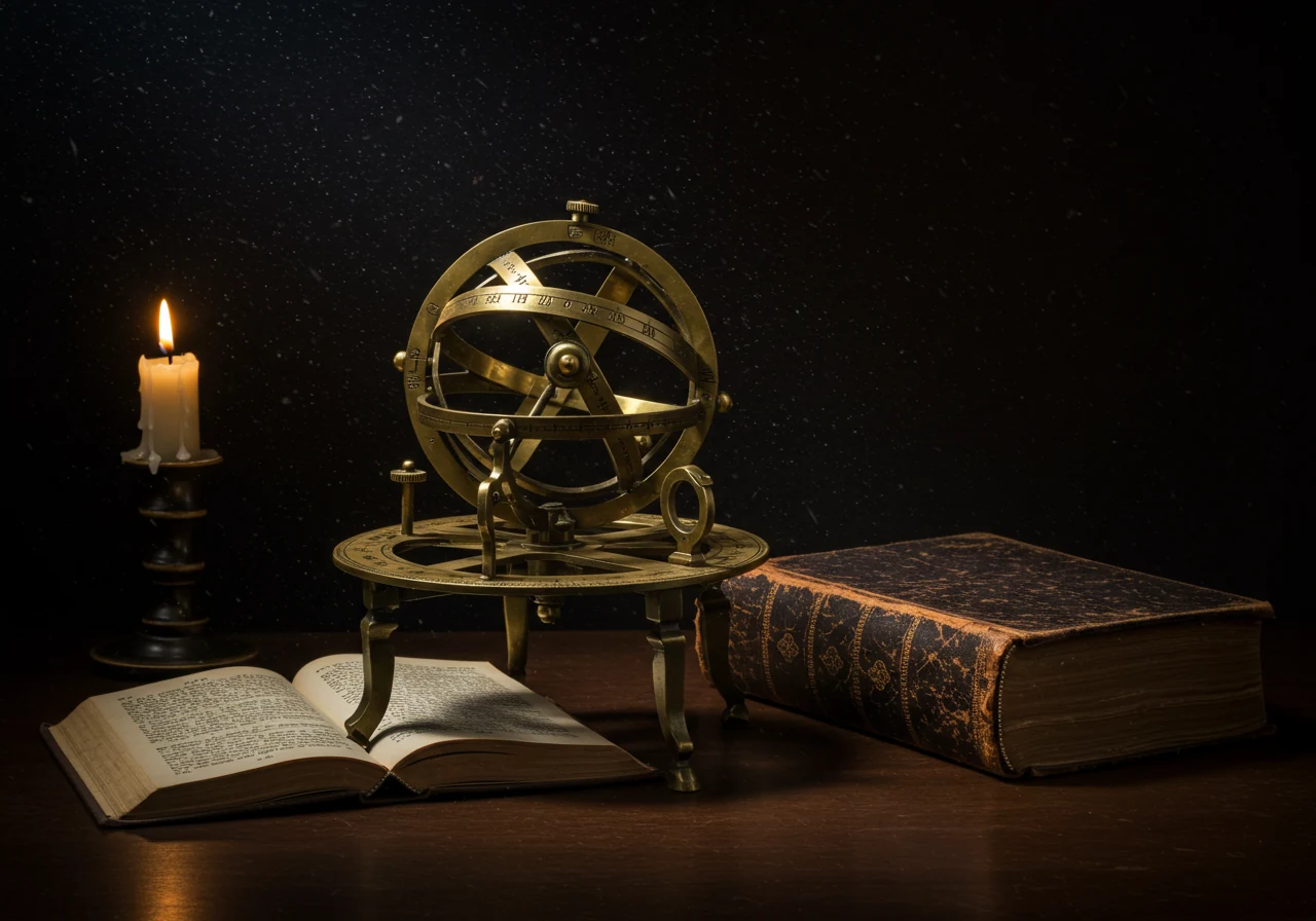 Astrolabe en laiton et vieux livre relié éclairés à la bougie