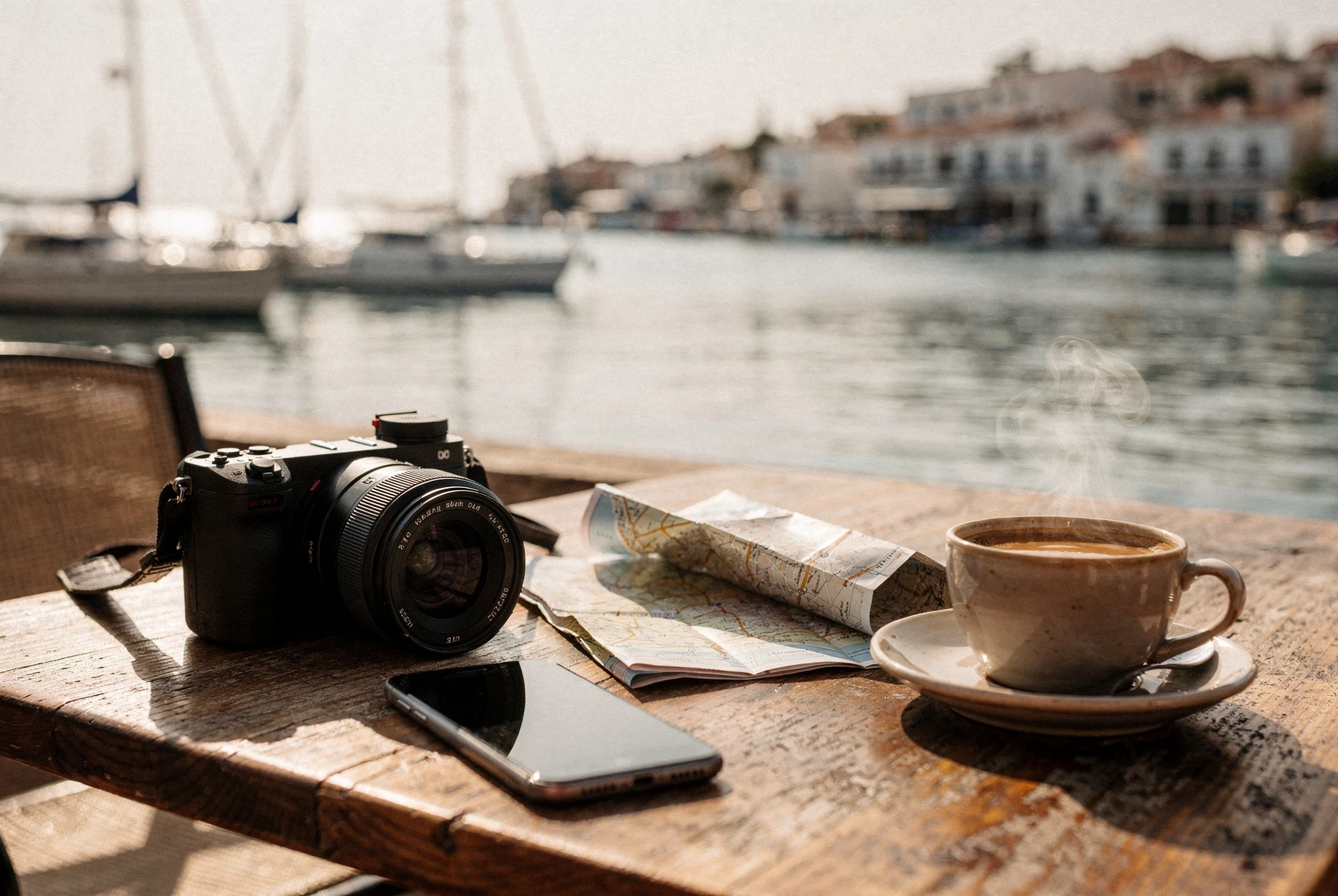 Photos de voyage : comment les sauvegarder en route sans faire exploser la facture mobile ? Appareil photo et smartphone posés sur une table de café face à un port méditerranéen